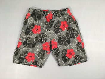 Maillot short gris fleurs fuchsia-Légèrement usé fesses