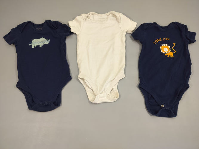 Lot de 3 bodies , 1bleu marine rhinocéros, 1 blanc, 1 bleu marine lion, moins cher chez Petit Kiwi