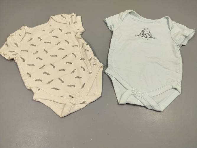 Lot de 2 bodies m.c bleu clair 1 motif Dumbo et blanc motifs plumes 100% coton, moins cher chez Petit Kiwi