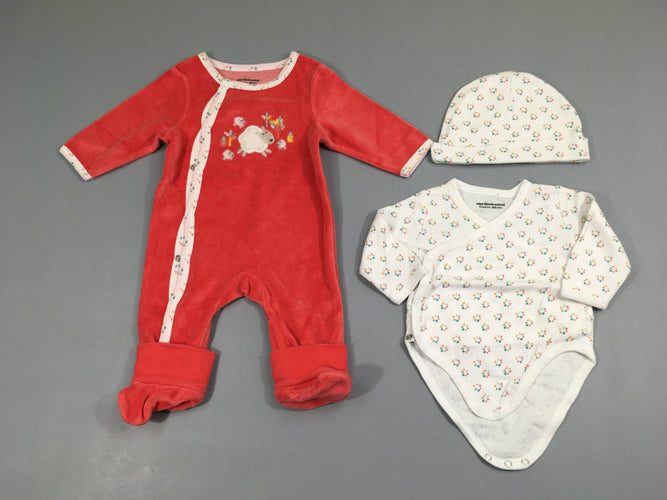 Pyjama velours rose foncé mouton + Body m.l + bonnet jersey, moins cher chez Petit Kiwi