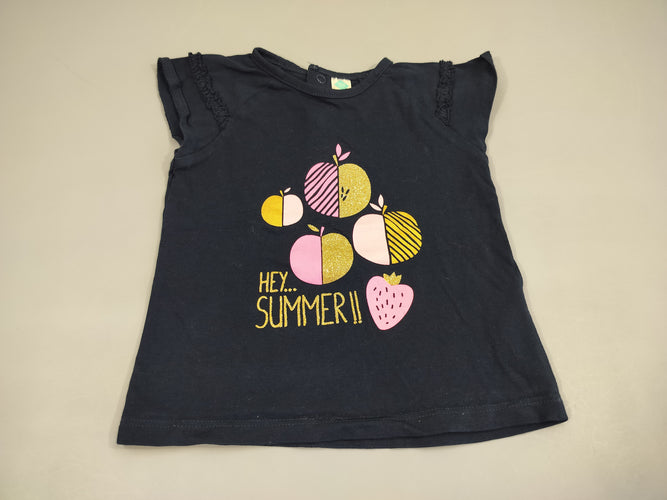 T-shirt m.c bleu marine , pommes , fraises roses, dorées "Hey...summer!!", moins cher chez Petit Kiwi