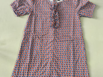 Robe m.c coton blanche motifs géométriques bleu/rouge