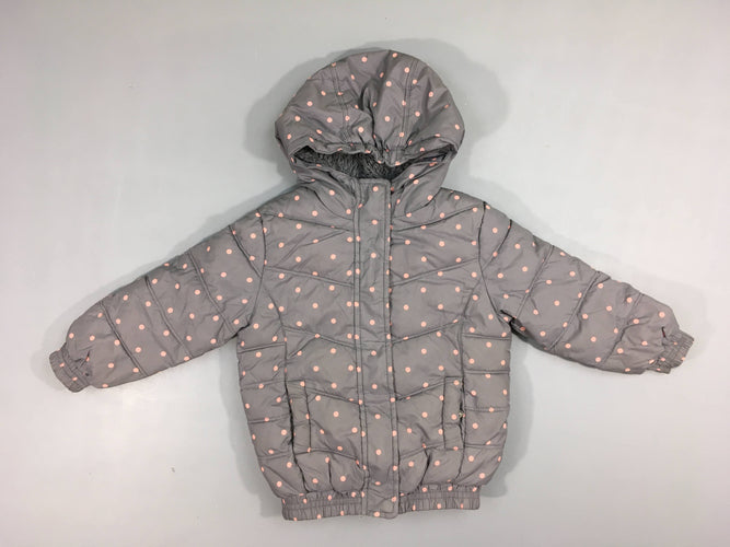 Manteau à capuche gris pois roses doublé peluche, moins cher chez Petit Kiwi