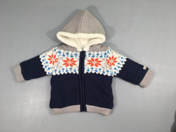 Gilet chaud mailles bleu motifs hiver zippé à capuche doublé teddy