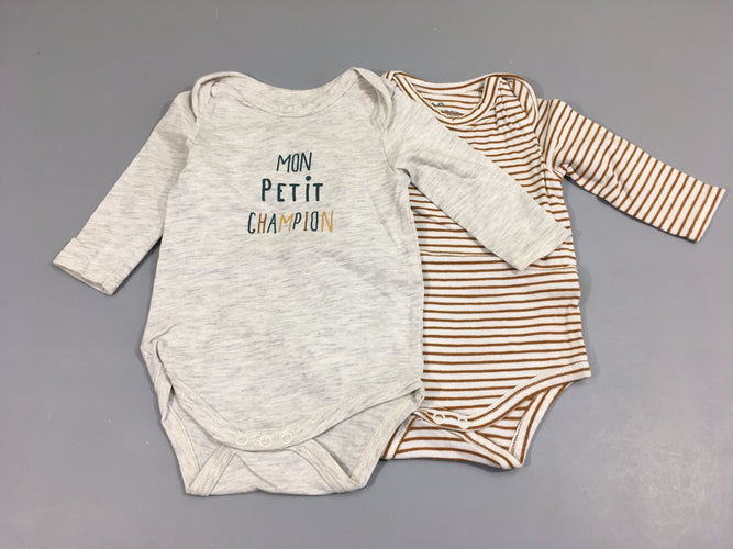 Lot de 2 bodies m.l, gris mon petit champion/ligné brun et blanc, moins cher chez Petit Kiwi