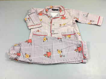 Pyjama 2 pcs flanelle gris motifs poules, légèrement bouloché