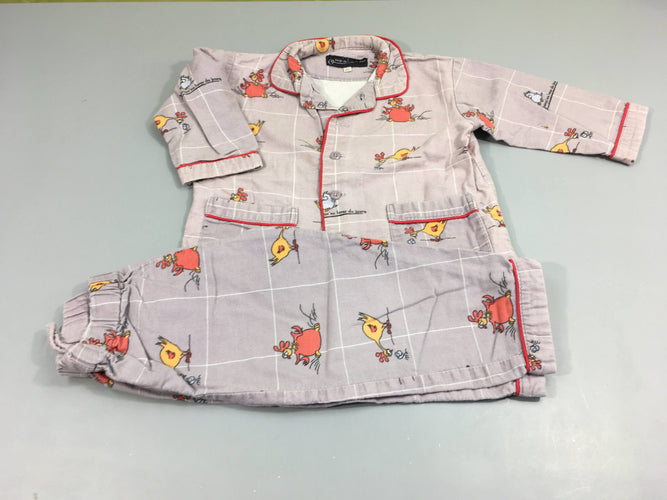 Pyjama 2 pcs flanelle gris motifs poules, légèrement bouloché, moins cher chez Petit Kiwi