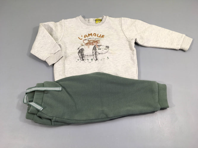 Sweat gris clair l'amour + pantalon de training vert, moins cher chez Petit Kiwi