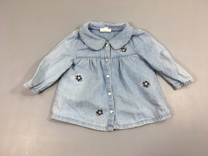 Blouse ml denim fleurs brodées, moins cher chez Petit Kiwi