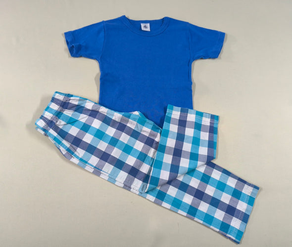 Pyjama 2pcs jersey m.c bleu/pantalon coton à carreaux bleu-blanc, moins cher chez Petit Kiwi