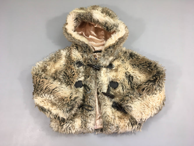 Veste fausse fourrure beige à capuche, attaches en simili qui pèlent, moins cher chez Petit Kiwi