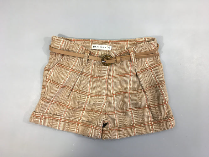 Short à revers tweed à carreaux beige-brun + Ceinture, moins cher chez Petit Kiwi