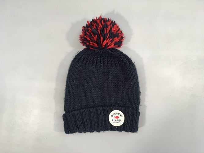 Bonnet mailles bleues pompon T1, moins cher chez Petit Kiwi