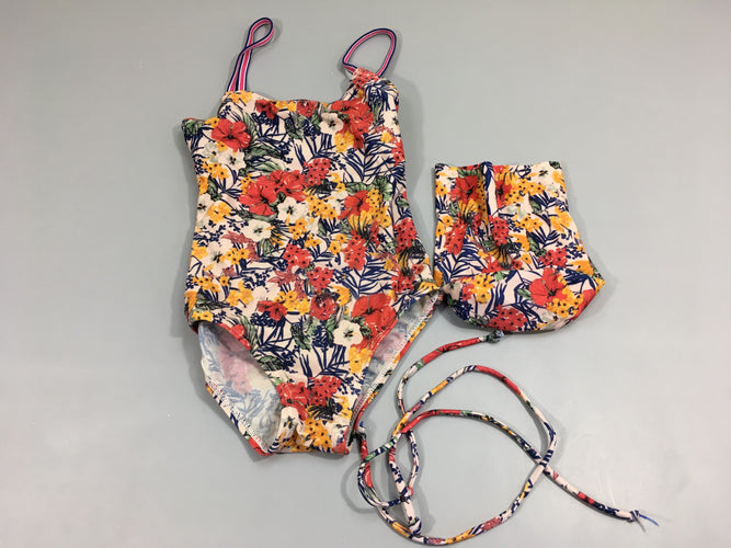 Maillot 1 pc motifs floraux tons jaune, beige orange +pochon rangement, moins cher chez Petit Kiwi