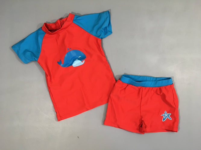 T-shirt m.c anti Uv rouge-bleu baleine+ short, moins cher chez Petit Kiwi