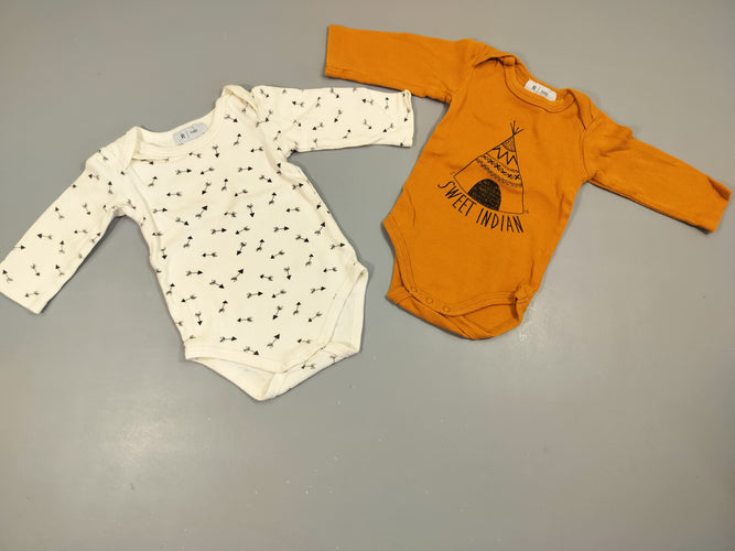 Lot de 2 bodies ml blanc motifs flèches / camel  tipi "sweet indien 100% coton, moins cher chez Petit Kiwi