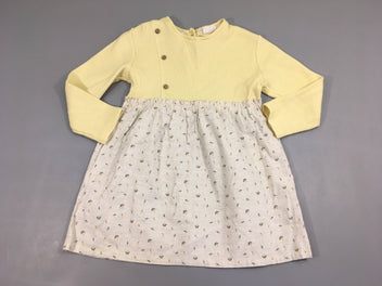 Robe m.l bi-matière jaune pâle texturé haut/bas beige flammé fleurs