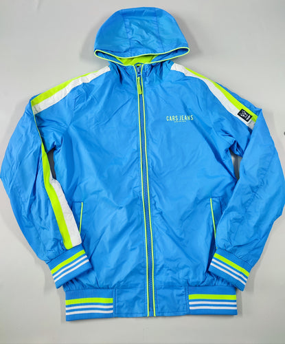 Veste de pluie à capuche bleue/blanche/verte fluo, Cars Jeans, moins cher chez Petit Kiwi