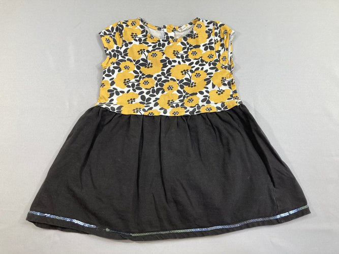 Robe m.c jaune fleuri haut/brun bas sequins bord, moins cher chez Petit Kiwi