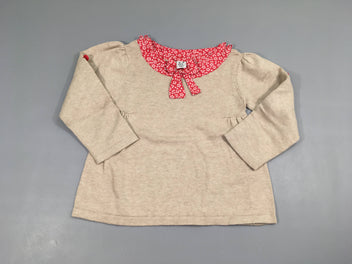 Pull beige évasé, col tissu à fleurs avec noeud