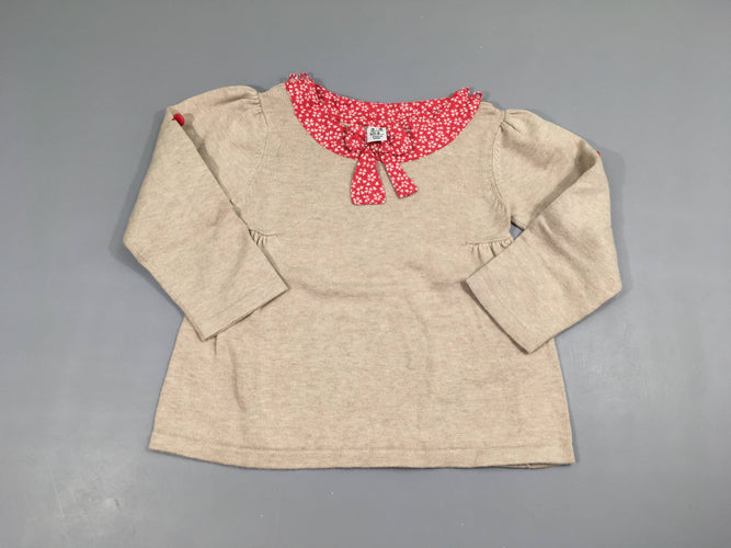 Pull beige évasé, col tissu à fleurs avec noeud, moins cher chez Petit Kiwi