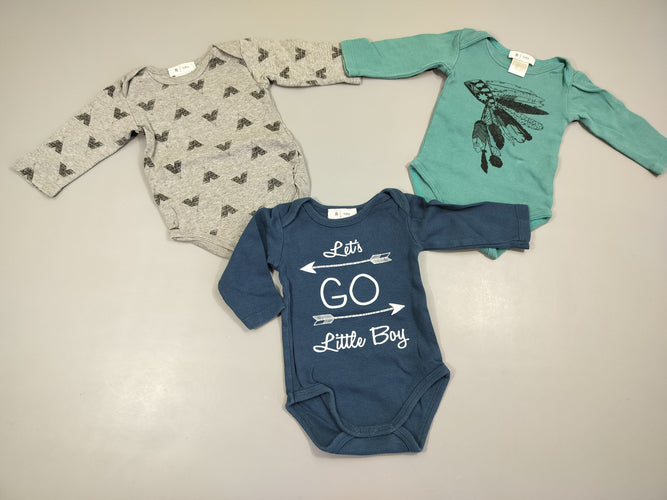 Lot de 3 bodies ml bleu "let's go"/gris motifs tipis/bleu coiffe d'indien 100% coton, moins cher chez Petit Kiwi