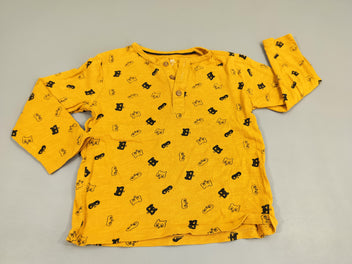 T-shirt m.l  jaune moutarde , motifs masques bleu marine ( petites taches)