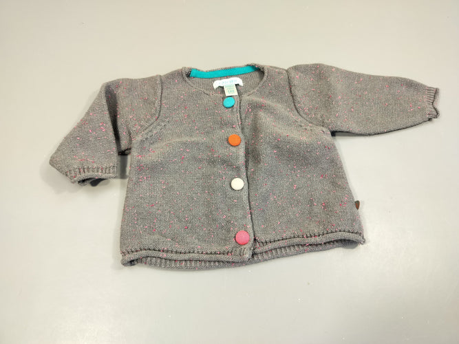 Gilet gris chiné, fils roses. Boutons colorés 100% coton, moins cher chez Petit Kiwi