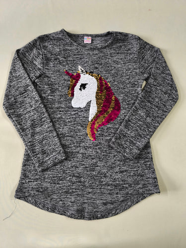 Pull léger gris flammé licorne en sequins réversibles, moins cher chez Petit Kiwi