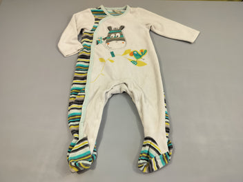 Pyjama velours  blanc +rayures multicolores . Ane et oiseau