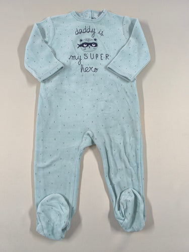 Pyjama velours vert d'eau raton laveur "Daddy is my super hero", moins cher chez Petit Kiwi