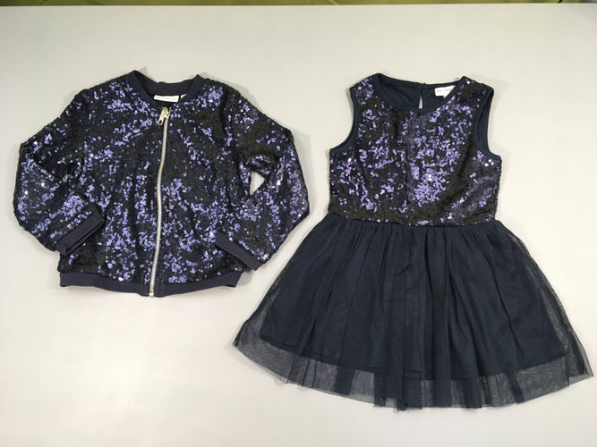 Robe s.m sequins tulle bleu marine + gilet zippé, moins cher chez Petit Kiwi