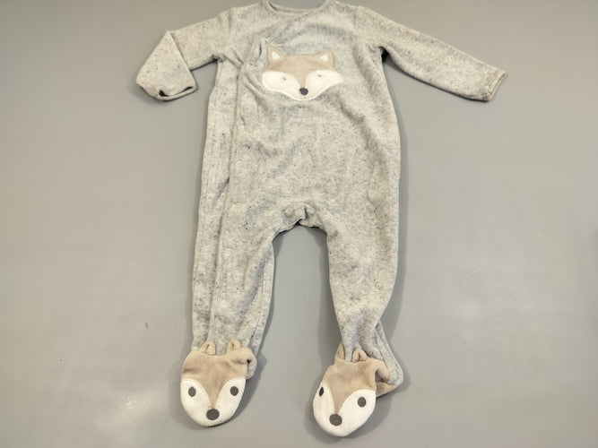 Pyjama velours gris clair, tête de renard et pieds tête de nenard, moins cher chez Petit Kiwi