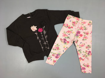 Sweat brun fleurs texturées + Legging rose pâle