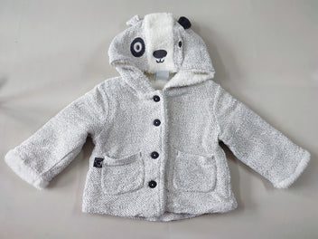 Manteau beige/gris à capuche visage d'ours à boutons doublé peluche