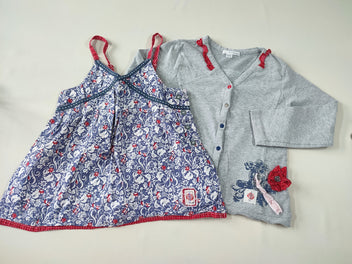 Gilet gris fleur rouge en tissu + Blouse fines bretelles bleu à motif fleuri