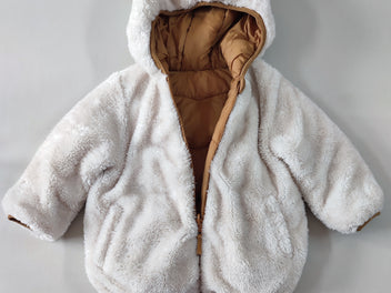 Manteau à capuche velours softy blanc cassé réversible doudoune marron (légèrement abimée sur le dos de la doudoune)