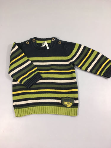 Pull coton ligné marine, anis, jaune et gris , bouton encolure, moins cher chez Petit Kiwi