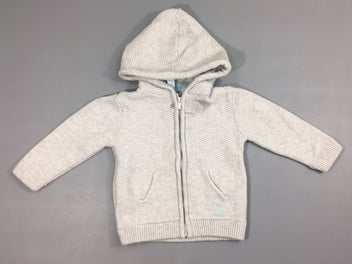 Gilet zippé gris clair chevrons à capuche, 10 % laine, légèrement bouloché.