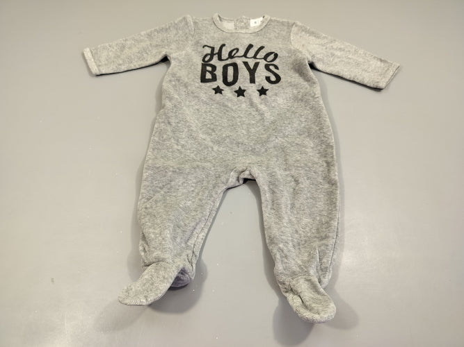 Pyjama velours gris chiné "hello boys" 75% coton 25% polyester, moins cher chez Petit Kiwi