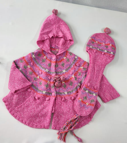 Gilet poncho rose à capuche pompons fleurs blanches + Bonnet écharpe 15% mohair, moins cher chez Petit Kiwi