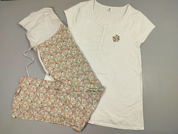 Pyjama de grossesse 2pcs jersey  T-shirt m.c blanc motif fleurs+ Pantalon gris clair à fleurs tache à la ceinture 95% coton 5% élasthanne