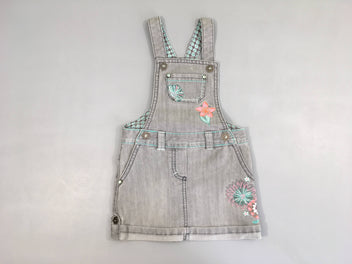 Robe salopette en jean gris strass fleur brodée