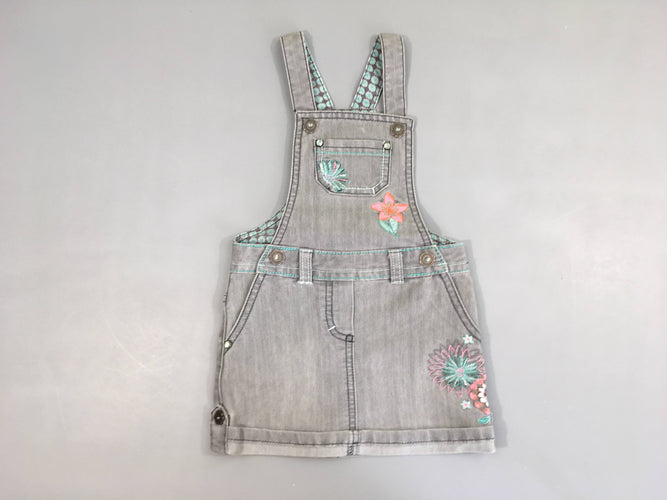 Robe salopette en jean gris strass fleur brodée, moins cher chez Petit Kiwi