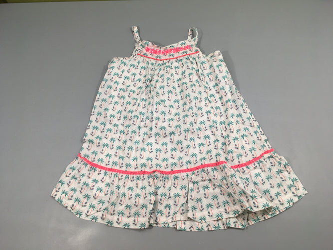 Robe s.m blanche palmiers turquoise broderie rose haut doublée, moins cher chez Petit Kiwi