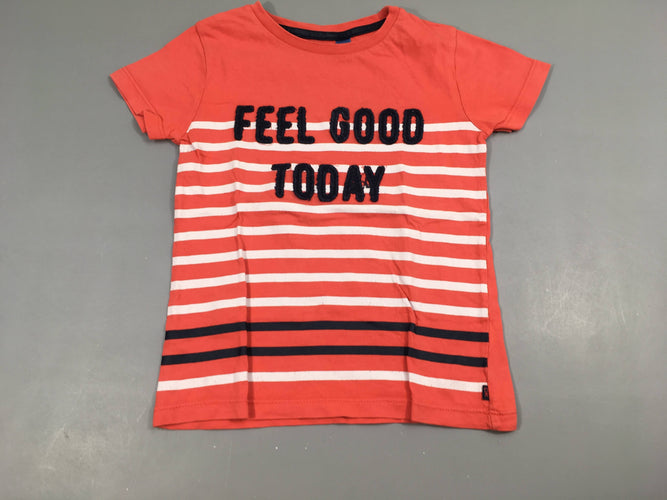 T-shirt m.c rouge clair Feel  Good floc rayé blanc légèrement craquelé, moins cher chez Petit Kiwi