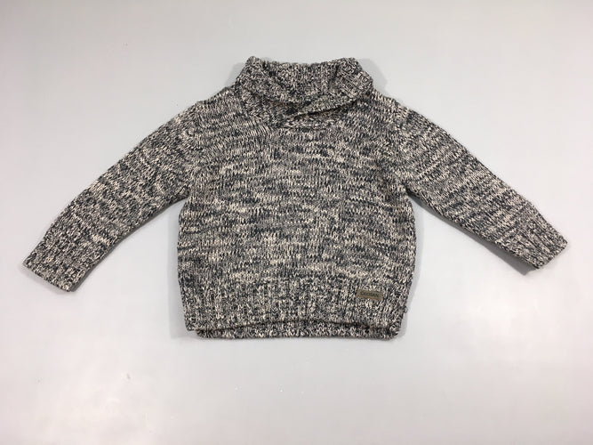 Pull gris chiné bleu col châle 50% Acrayélic 50%coton, moins cher chez Petit Kiwi