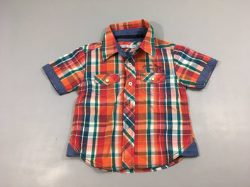 Chemise m.c à carreaux orange-vert bords denim