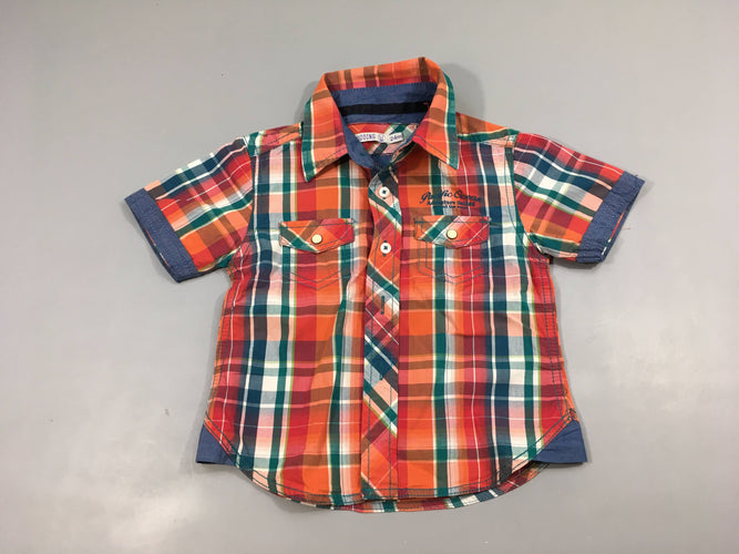 Chemise m.c à carreaux orange-vert bords denim, moins cher chez Petit Kiwi