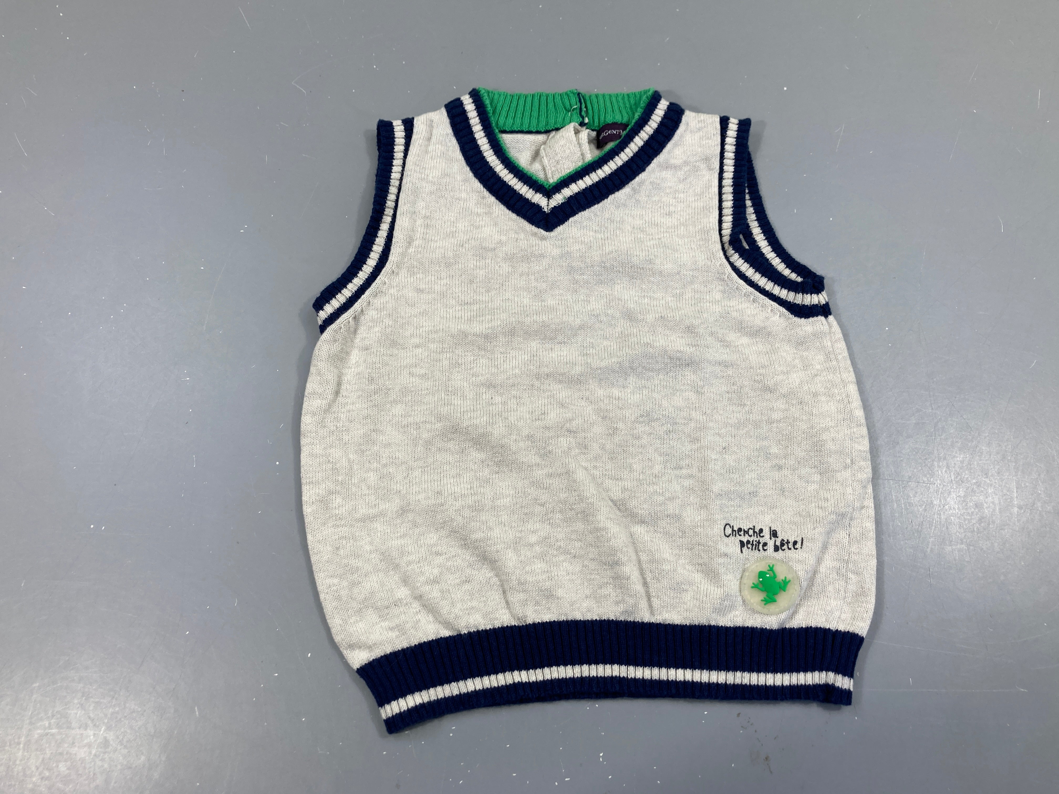 Pull s.m gris bords bleu rayé  blanc vert col 100%coton